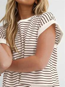 2 Piece Lounge Set For Women Striped Knit Short Sleeve Tee Shirts Shorts Sets Casual Summer Loungewear Matching Sets - màu nâu - Xem 5