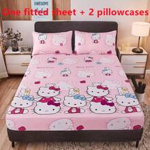 Sanrio 3Pcs/Set (1 Fitted Sheet + 2 Pillowcases) Sanrio Hello Kitty Licensed 1pc Fitted Sheet - Large Size (200X150Cm/78.74X59.05Inch) Elastic Non-Slip Mattress Protector - Cute Cartoon Dust Cover For All Seasons