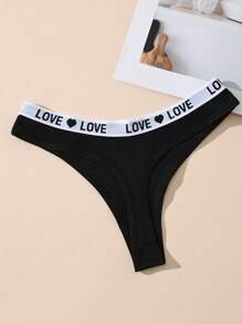 7 Pack Love Heart Letter Print Sexy Knitted Cotton Wide Contrast Waistband Breathable Thong Panties, Daily Sports All Seasons, Black, Soft Women Lingerie - 黑色 - 查看 3