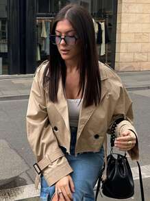 Fashion Trench Jacket Women With Belt Cropped Trench Jacket Autumn New Vintage Long Sleeve Female Chic Lady Coat Outfits - 卡其色 - 查看 1