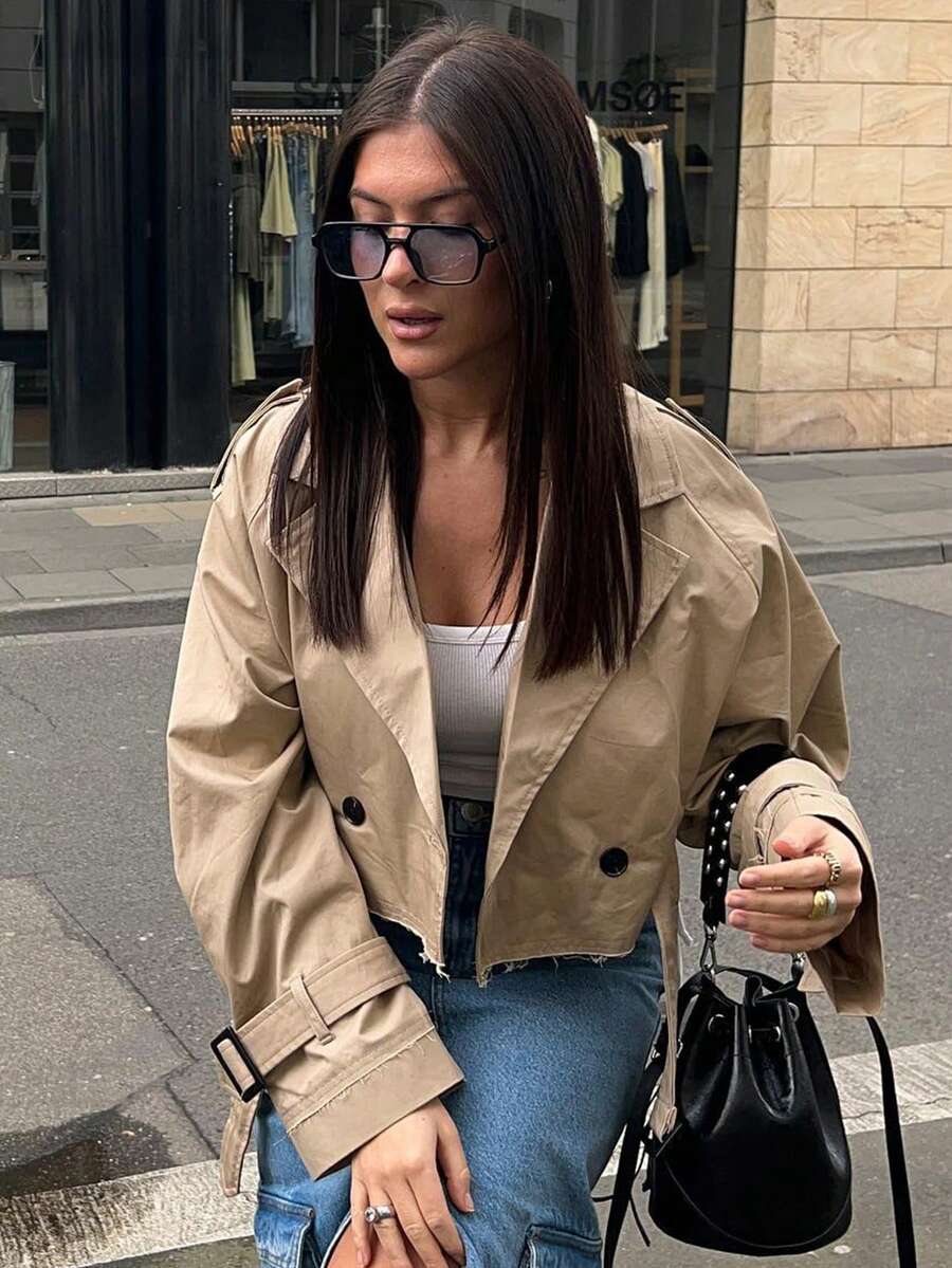 Fashion Trench Jacket Women With Belt Cropped Trench Jacket Autumn New Vintage Long Sleeve Female Chic Lady Coat Outfits - 卡其色 - 查看 1
