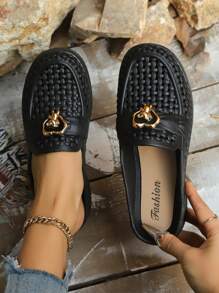 2024 新款春秋时尚休闲鞋，女士圆头坡跟厚底 PU 鞋，适合户外、沙滩派对、返校季 - 黑色 - 查看 5