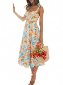 Women's Summer Midi Dress, Sleeveless Tie Shoulder Strap Floral Print Flowy A-Line Dress - Blue - View 6