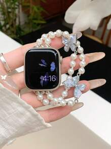 1 件女式白色精致水钻蝴蝶串珠弹性表带，兼容 38/40/41/44/45/49/42/46mm S11/SE3/Ultra3/Ultra/SE/SE2/10/9/8/7/6/5/4/3/2/1 - 白珍珠-藍色蝴蝶 - 查看 8
