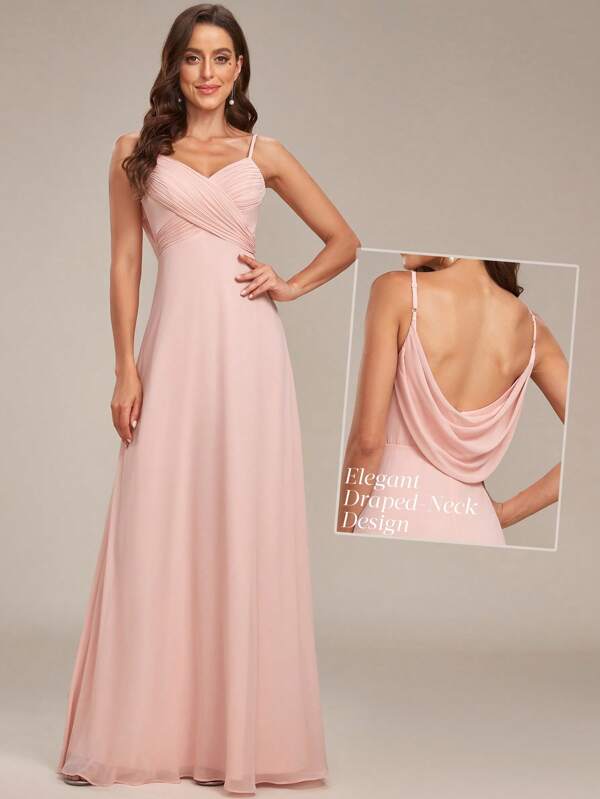 EVERPRETTY Spring Solid Ruched Detail Spaghetti Straps Cowl Back Chiffon Cami Dress Elegant Pink Bridesmaid Dress Wedding Guest Dress For Wedding