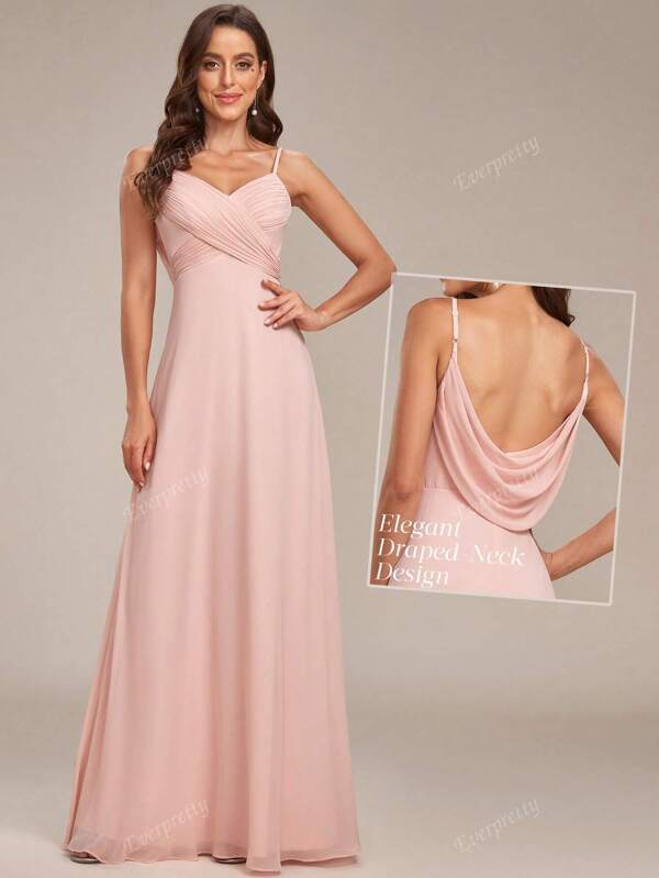 EVER-PRETTY Vestido de gasa de tirantes finos con detalle fruncido unicolor elegante en rosa para dama de honor o invitada de boda