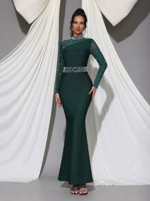 New Sexy Pearl Decor Mesh Patchwork Long Sleeve BodyconLong Bandage Dress, Elegant For Wedding Guest, Party, Birthday, Formal Evening Gown Eid Al Fitr Dress - Dark Green - View 1