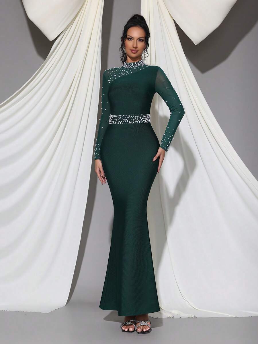 New Sexy Pearl Decor Mesh Patchwork Long Sleeve BodyconLong Bandage Dress, Elegant For Wedding Guest, Party, Birthday, Formal Evening Gown Eid Al Fitr Dress - Dark Green - View 1
