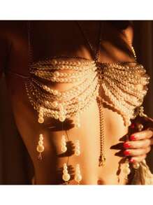 1pc Vintage Sexy Bohemian Pearl Bead Chain Fringed Necklace Backless Bikini Chain Top, Fashion Accessory Suitable For Women