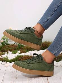 1 Pair Women Lace-Up Sport Style Casual Skateboard Shoes, Outdoor Hiking Sneakers For Daily Wear - Army Green - View 5