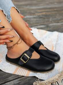 Teenager/Student Slip-On Mule Sandals, Metal Buckle One-Push Slouchy Shoes, Minimalist Beach/House Slippers