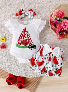 2pcs/Set Infant/Baby Girl Cute Cap Sleeve Printed Bodysuit+Shorts Outfits, Lightweight Summer
