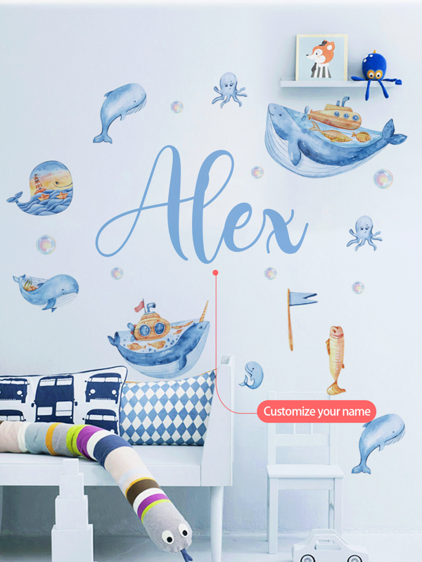 [Essencial para reforma de quarto infantil] Adesivo de parede com nome personalizado, adesivo decorativo de desenho animado de animal marinho + decoração personalizada para quarto infantil, adesivo memorial com nome de bebê faça você mesmo, aniversário, festa de 100 dias, adesivo decorativo para creche (removível) de volta às aulas