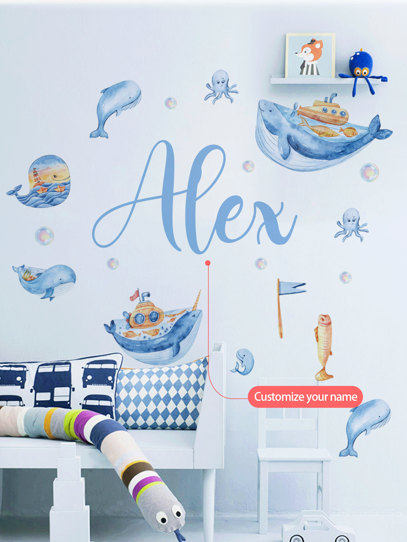 [Élément essentiel pour la rénovation de la chambre d'enfant] Autocollant mural personnalisé avec le nom, autocollant de décoration avec des animaux marins de dessin animé + décoration de chambre d'enfant personnalisée, autocollant commémoratif du nom de bébé, anniversaire, fête des 100 jours, autocollant décoratif pour garderie (amovible) Rentrée des classes