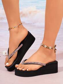 波西米亚海滩水钻装饰女士凉鞋，轻便简约优雅人字拖，夏季经典畅销品