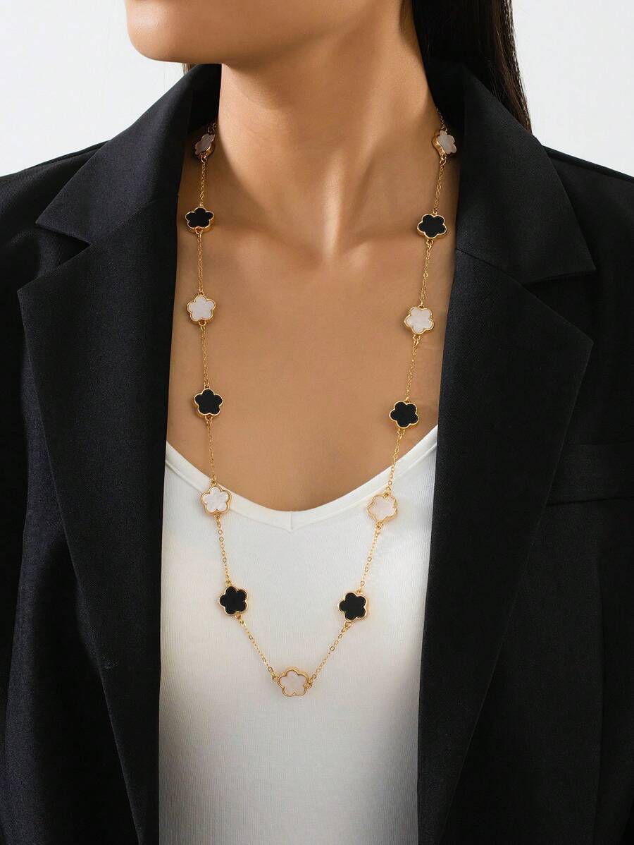1 pieza Elegante collar de cadena larga con colgante de trébol negro y blanco, apropiado para uso casual diario - Blanco y Negro - Ver 1