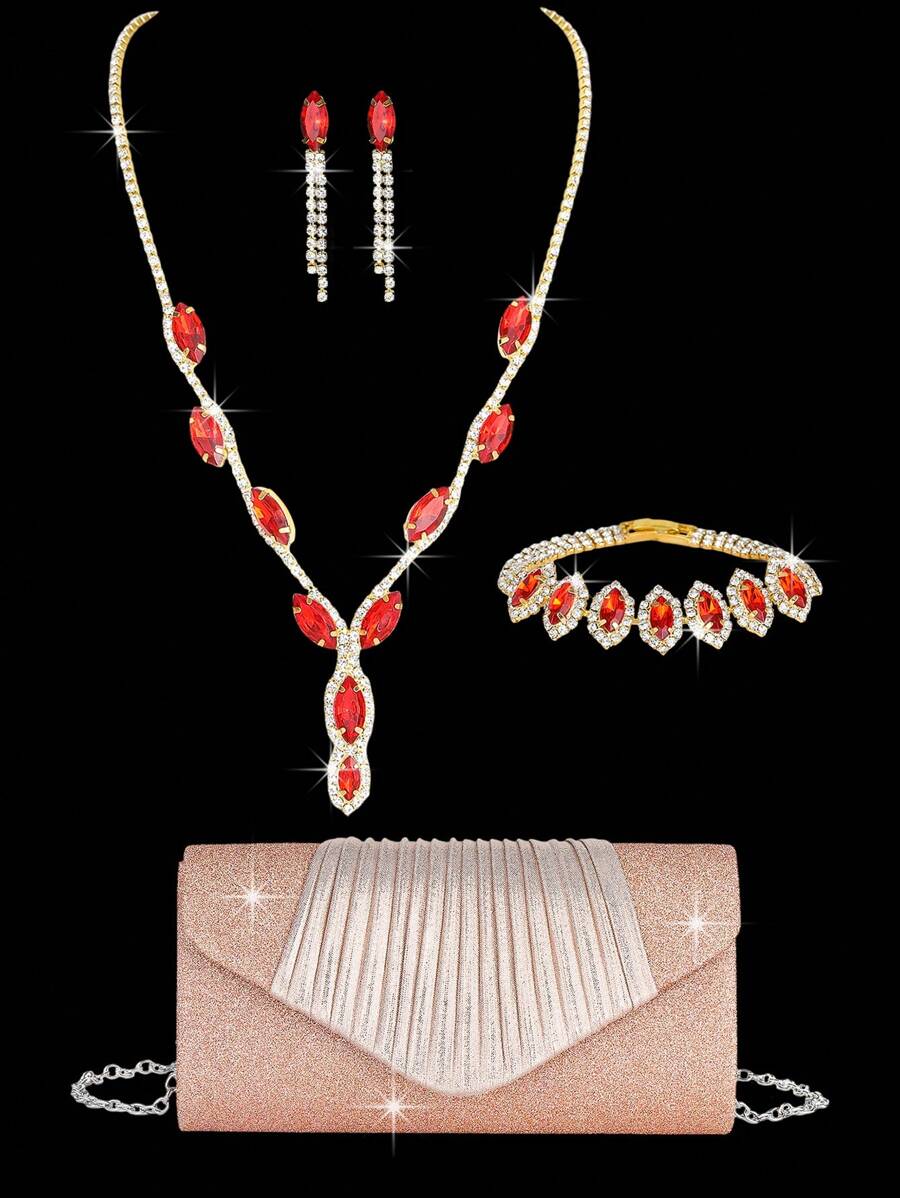 4 件套水钻首饰套装 金色闪亮项链耳环手链套装 女士晚礼服手拿包 新娘婚礼贝壳优雅信封包 女士球带可拆卸金属链 婚礼和派对 女士单肩包 女士包 女士手提包 多功能闪光手提包 鸡尾酒会婚礼新款钱包 宴会包 - 金紅色 - 查看 1