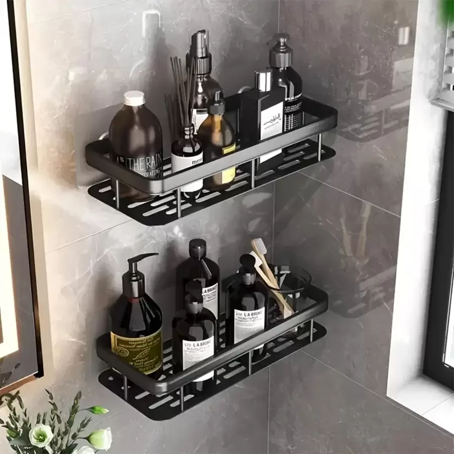 Shower Rack, Adhesive Shower Rack 1-Piece Set With Hook, No Need For Drilling, Wall Mounted Rust Proof High-End Storage Bathroom, Kitchen, Storage Rack,Racks For Storage,Shelf,Black