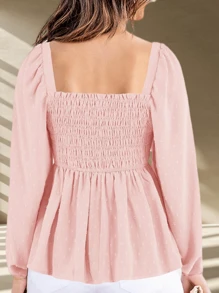 Womens V Neck Smocked Peplum Tops - Baby Pink - View 2