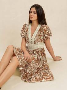 Rusttydustty Spring Linen Feel Women's Rustic Floral Vintage Dress With Lace Details Soft Romantic Short Dress For  Vacation Outfits Beach Coachella Music Festival
