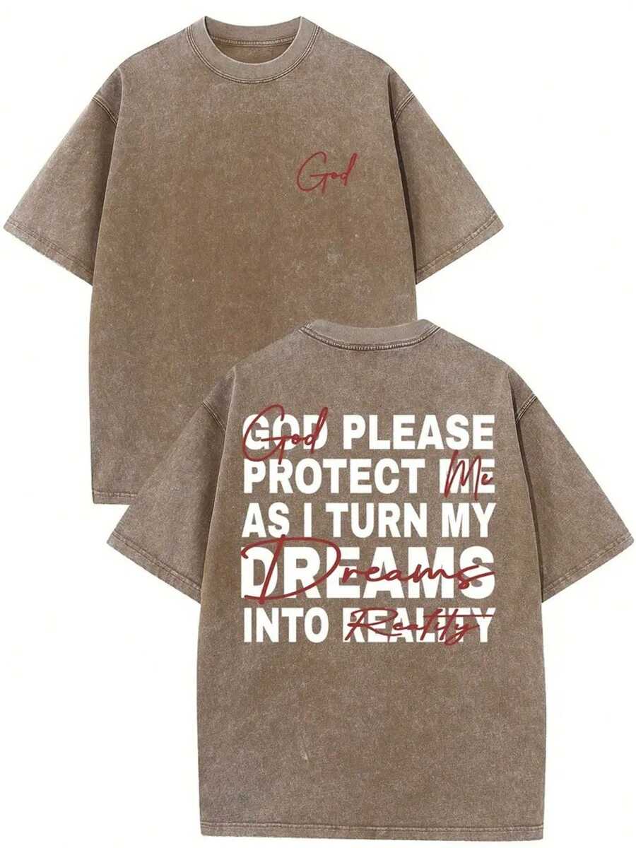 1 Piece, 230G Double-Sided Washed, God Bless Me, Let Me Turn My Dreams Into Reality Printed T-Shirt, High-Quality Wax Printed Cotton Retro Fashion Brand T-Shirt, With A Certain Thickness Suitable For Summer T-Shirts, Holiday Gifts