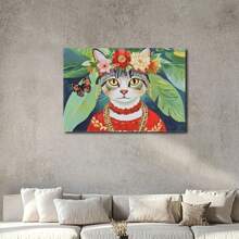 1pc Framed Canvas Wall Art Poster Printing Abstract Digital Realism Floral Animal Crown Detailed Unique Visually Appealing A Cat Wearing A Flower Crown Wall Art Decoration For Living Room Bedroom Bathroom Kitchen Apartment Hotel, Artful Home Decoration - Framed, Horizontal - Framed Canvas - View 2