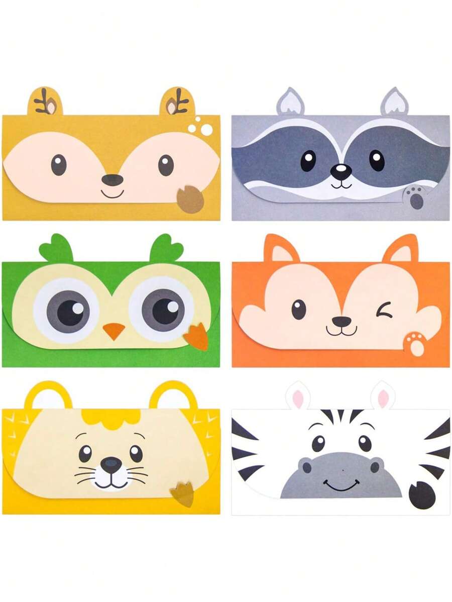 4 张可爱动物卡通信纸、贺卡、感谢卡、12 张信封和动物贴纸，尺寸 6.3 英寸 X 8.3 英寸纸张，– 熊猫、狐狸、豹子、猪、兔子