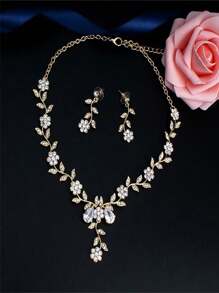 1 Set Flower Design Earrings & Necklace, Elegant Vintage Rhinestone Jewelry Set For Women, Professional Jewelry For Wedding, Party