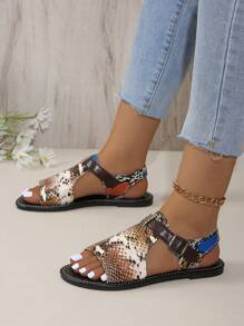 2025 New Premium Vintage Snake Print Comfortable Casual Open Toe Flat Sandals - Gold - View 3