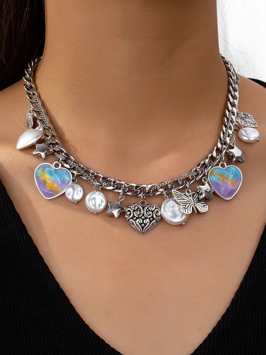 1 件新款时尚简约彩色心形和星形珍珠装饰颈链女士项链 - 彩色 - 查看 1