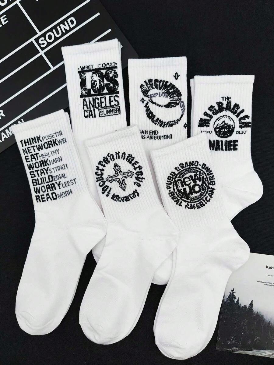 6 双男士白色字母图案中筒袜，学院风情侣运动袜 - 白色 - 查看 1