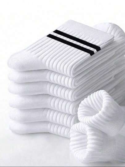 24Pairs/20Pairs/18Pairs/15Pairs/10Pairs/6Pairs/4Pairs/2Pairs/1Pair Black & White Striped Thick Mid-Calf Socks, Comfortable Breathable Business & Casual Socks. Shark Series Soft, Lightweight, Odor-Resistant Sports Socks For Men & Women, Warm For Autumn/Winter, Fall