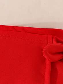 Conjunto de 3 piezas para niña pequeña: blusa de mangas abullonadas con lazo grande, minifalda y boina para el verano - Rojo - Ver 8