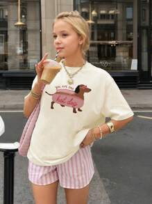 Casual Printed Round Neck Short Sleeve T-Shirt, Suitable For Girls And Children - Adorable Hot Dog, Heart Sunglasses And Dog Art Style Patterns, Inspiring Imagination And Self-Expression! Children Clothing, Girls Graphic Tee, Summer Top, Teen Fashion