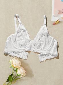 Damen Große Größen Unterwäsche-BH mit Bügel und ohne Fütterung, Lingerie mit Blumenspitzenbesatz, halbtransparente Unterwäsche