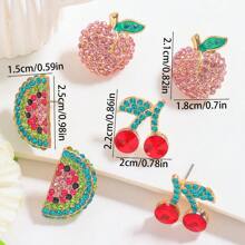 2 piezas Pendientes tipo botón estilo bohemio con cristal de sandía, melocotón y cereza de la serie de frutas, adecuado para uso casual, vacacional y de fiesta de las mujeres