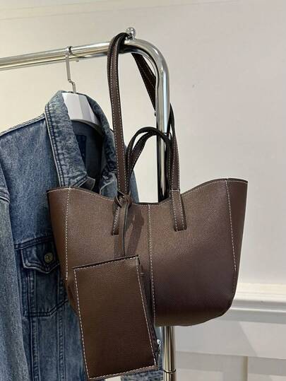 2件套极简法式翅膀设计托特包套装，复古奢华欧美通勤手提包、单肩包、腋下水桶包