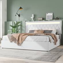 Flat Bed 180*200cm, Upholstered, Hydraulic Bed With Lifting Mechanism, Color Changing Ambient Light, Remote Control, Port, White