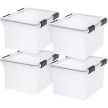 File Organizer Plastic File Box For Letter/Legal File, Water Resistant Document Box, Durable Lid, Seal W/ Secure Latching Buckles, Stackable, Nestable, Clear 32 Qt. 4Pack