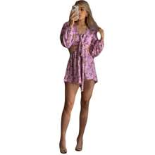 Spring Women's Short Dress Floral Print Long Sleeve Ruched Bust Bow-Knot Waist Cropped Dress