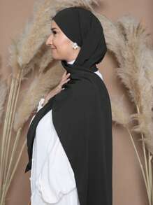 1 pieza Chal de mujer de unicolor de jersey instantáneo, clásico y elegante minimalista de gasa para todas las estaciones, pañuelo de satén de punto de lujo, chal deportivo casual, adecuado para el uso diario musulmán con vestido - Negro - Ver 7