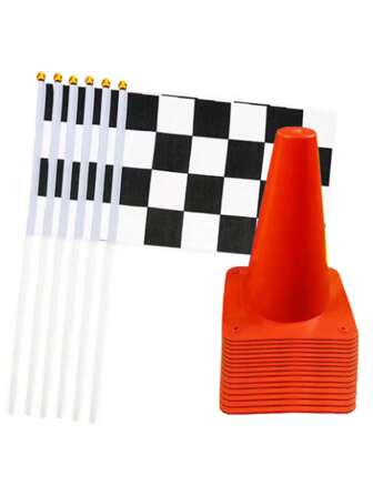 10pcs/Set Traffic Cones And Racing Checkered Flags Black White Flags Racing Theme Decorations For Race Car Birthday Party Supplies