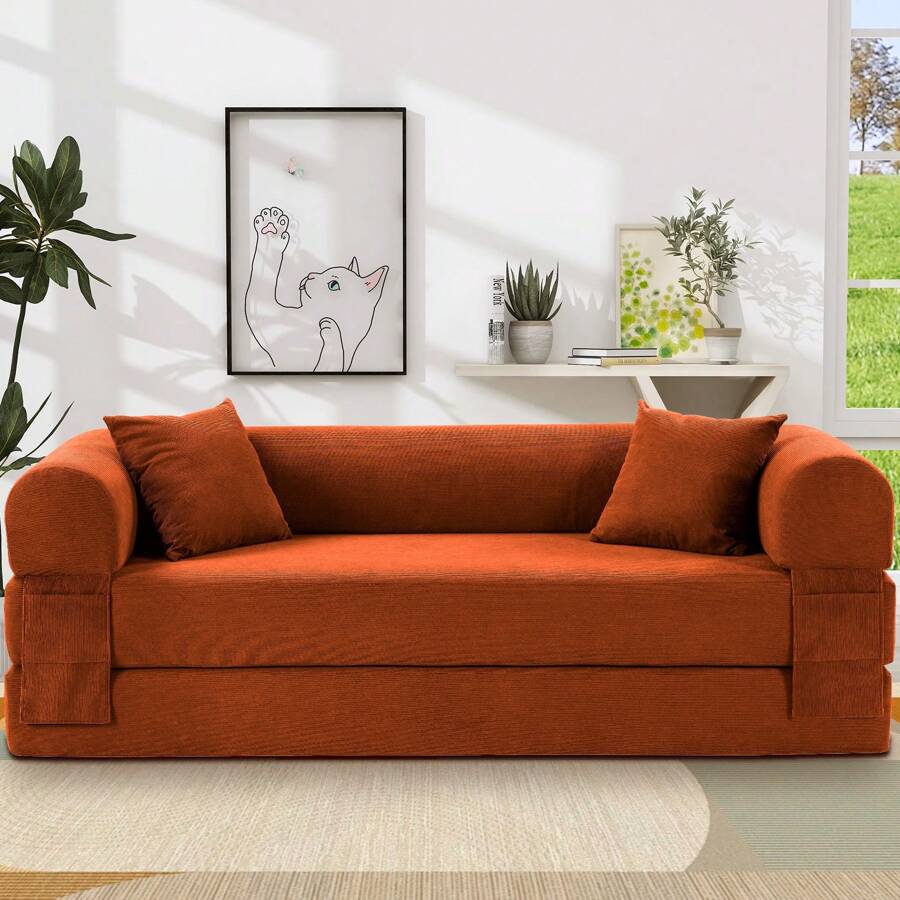 9 Colors Solid Color Corduroy Large Medium Two Size Light Luxury Sit/Lie Convertible Compression Multi-Funtional Sofa Bed Module Free Combination - Orange - View 1