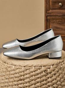女士方头浅口 3 厘米高跟鞋，百搭银色高端时尚休闲一脚蹬派对鞋 - 銀色 - 查看 5
