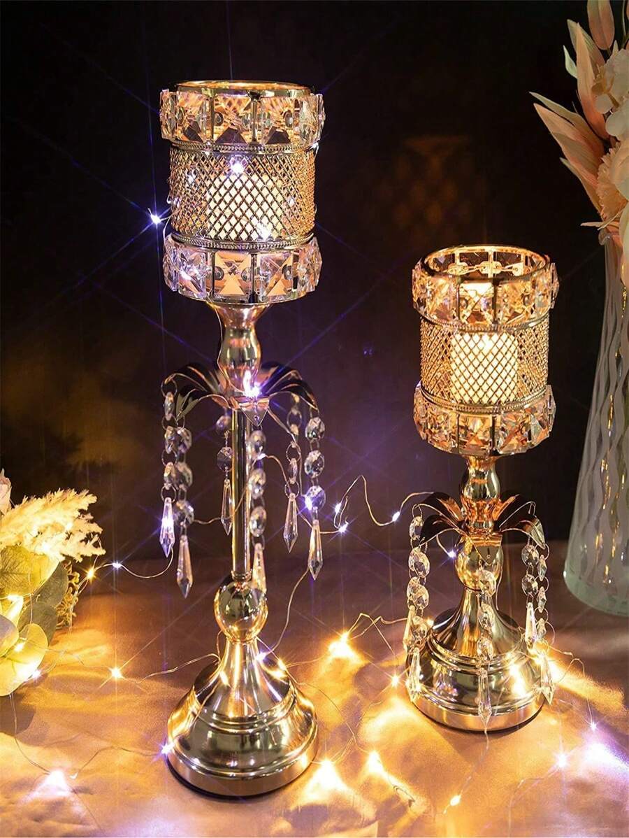 Metal Iron Candlestick, Wedding Decoration Props, Candle Holder, Hollow-Out Retro Crystal Candle Stand Gifts Birthday Graduation - Multicolor - View 1