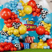 102 piezas Juego de arco de guirnalda de globos, arco de globos de látex con estampado de vaca en rojo, amarillo y azul, perfecto para decorar fiestas de cumpleaños, duchas, y fiestas con temática de dibujos animados de vaqueros
