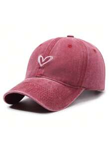 1 pieza Gorra de béisbol para mujer con lavado vintage, desgastada, bordado de corazón, gorra casual de ala curva para uso diario, parejas, vacaciones