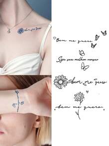 2piezas Pegatinas de Tatuaje Mágico Semipermanente de Jugo Herbal Patrón de Margarita Mariposa Palabra Frase Decoración Corporal Regalo Diario Fiesta Vacaciones 7-14 Días Sin Desvanecimiento Sin Reflejo Muñeca Hombro Cuello Clavícula Brazo Pegatinas de Tatuaje Temporal Corporal - Azul - Ver 2