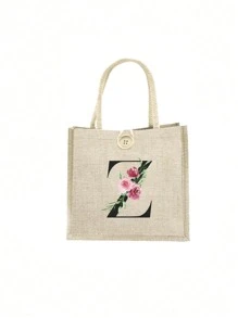 1 pieza Bolso de mano con flor de lino y letra, bolso de gran capacidad sencillo, bolso de almacenamiento casual portátil, bolsa de compras multifuncional, bolsa de regalo personalizada, adecuada para bodas, cumpleaños, playas, festivales, regalos perfectos para mujeres, maestros, amigos, damas de honor, bolsos grandes, estudiantes y vuelta a clases