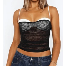 Women's Y2k Mesh Lace Trim Cami Tank Top Cute Spaghetti Strap Corset Tops Camisole Summer Shirts Streetwear - 黑色 - 查看 1